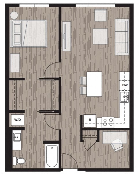 1 bed 1 bath floor plan E at Riverfront Everett, Everett, WA